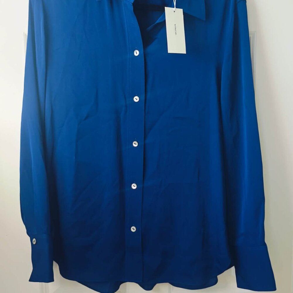 NWT Vince Stretch-Silk Button-Front Blouse in Costal Blue - Picture 5 of 7